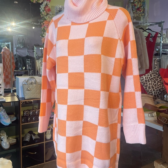 Miss Sparkling Sweaters - Orange and Pink Checkered Turtleneck Sweater Dress
